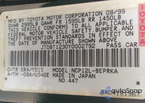2000 Toyota Echo from USA, damaged, VIN JTDBT1230Y0002792